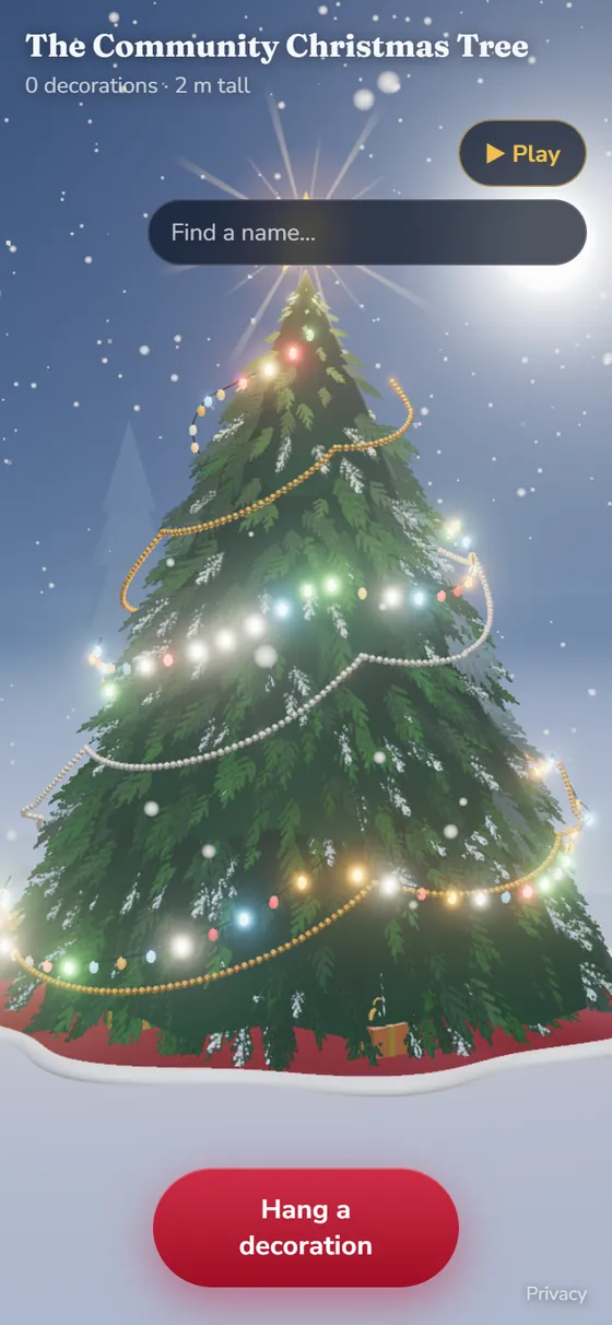 The tree on a phone, with the Hang a decoration button
