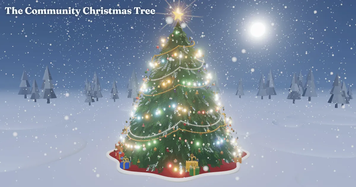 The Community Christmas Tree: a lit 3D tree in a snowy night scene